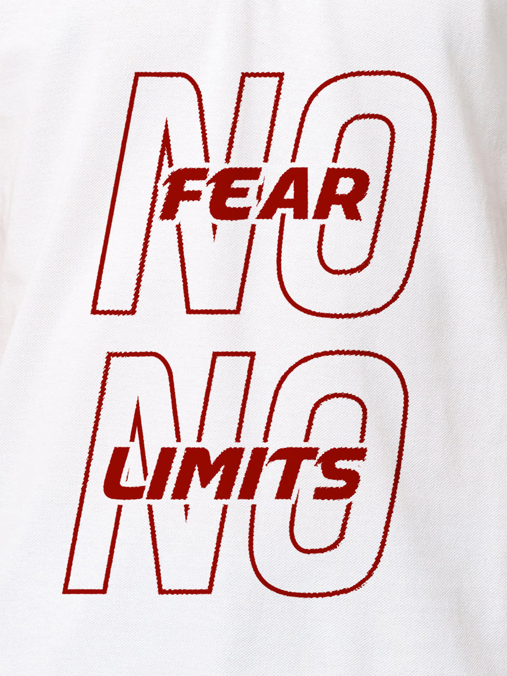 Close up of 'No Fear No Limits' design on Men's White Polo T-shirt, highlighting intricate details and vibrant print.