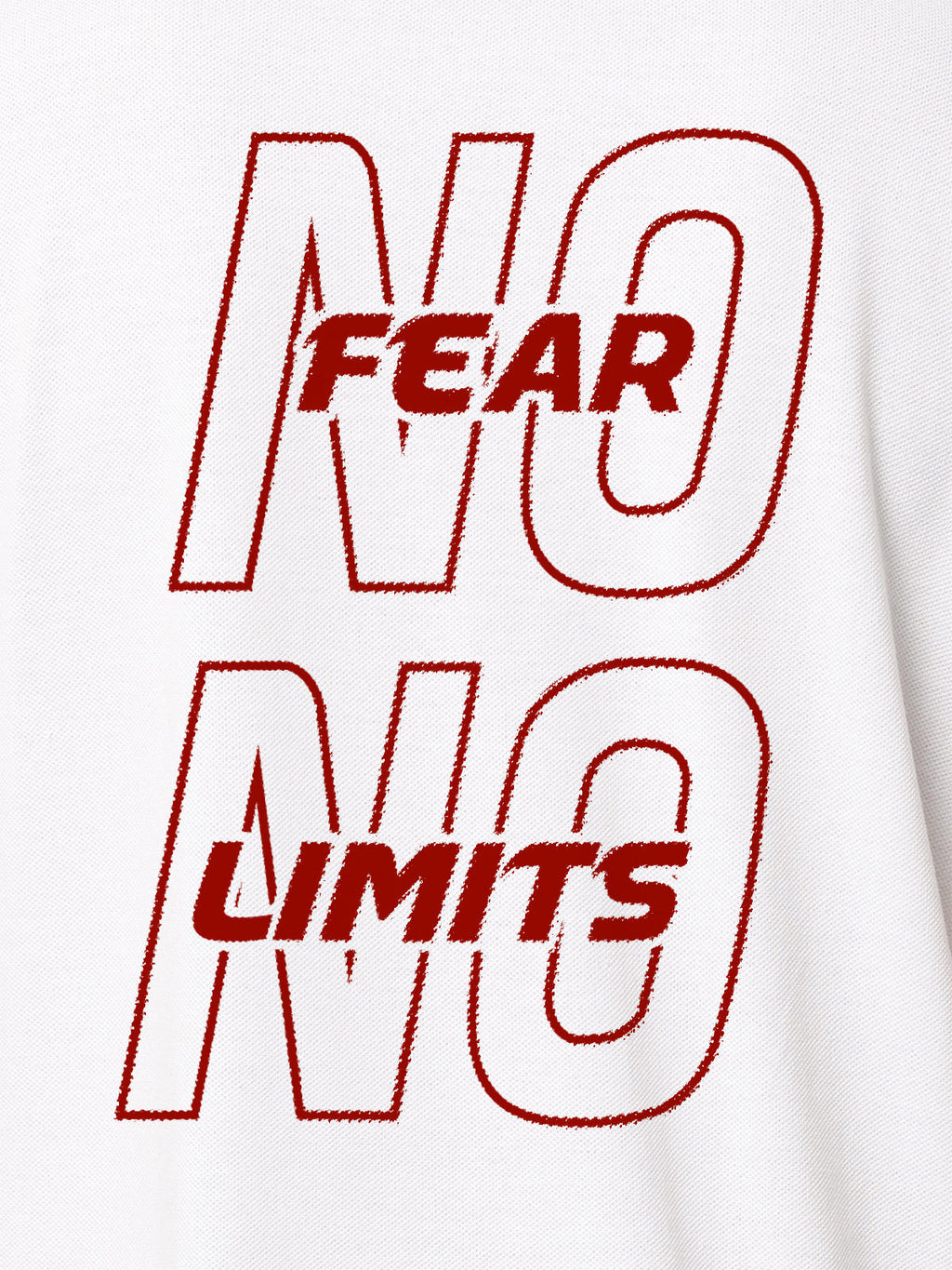 Close up of 'No Fear No Limits' design on Women's White Polo T-shirt, highlighting intricate details and vibrant print.
