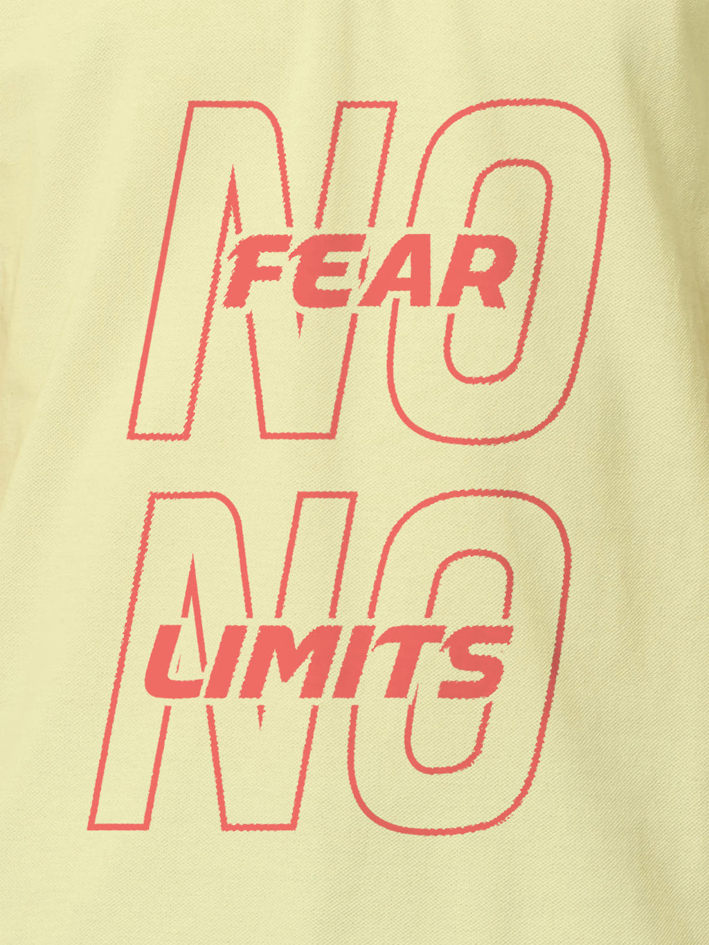 Close up of 'No Fear No Limits' design on Men's Yellow Polo T-shirt, highlighting intricate details and vibrant print.