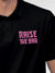 Close up of 'Raise The Bar' design on Men's Black Polo T-shirt, highlighting intricate details and vibrant print.