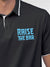 Close up of 'Raise The Bar' design on Men's Dark Grey Polo T-shirt, highlighting intricate details and vibrant print.