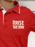 Close up of 'Raise The Bar' design on Women's Red Polo T-shirt, highlighting intricate details and vibrant print.