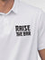 Close up of 'Raise The Bar' design on Men's White Polo T-shirt, highlighting intricate details and vibrant print.