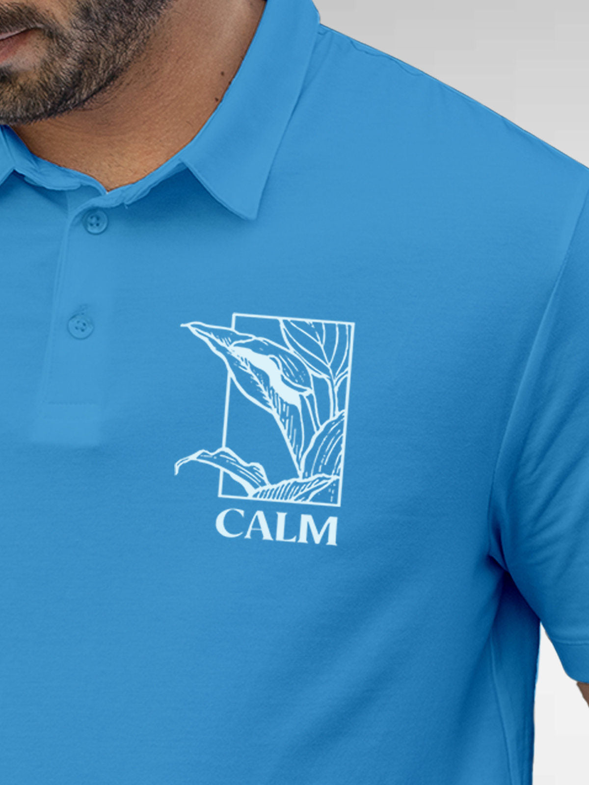 Front view of Men's Blue Collar T-shirt, highlighting a goofy character symbolising 'Balance'.