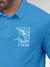 Close up of 'Calm' design on Men's Blue Polo T-shirt, highlighting intricate details and vibrant print.