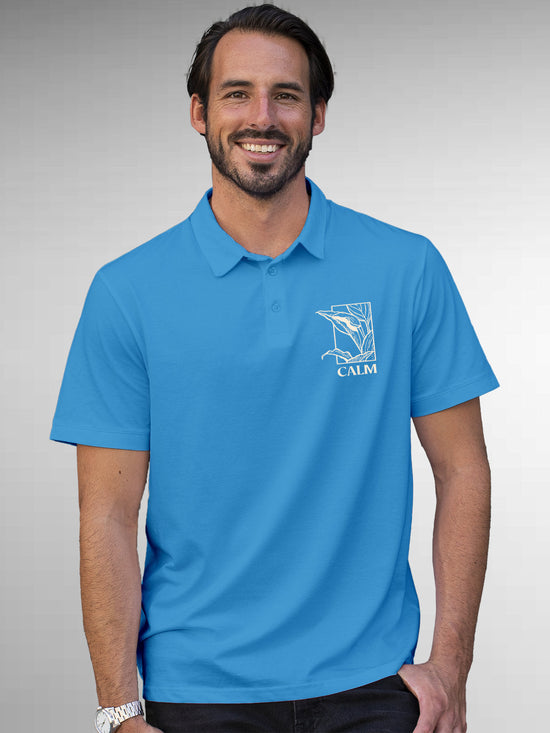 Fighterhero Polos: Model wearing Men's Blue Polo T-shirt with 'Calm' design
