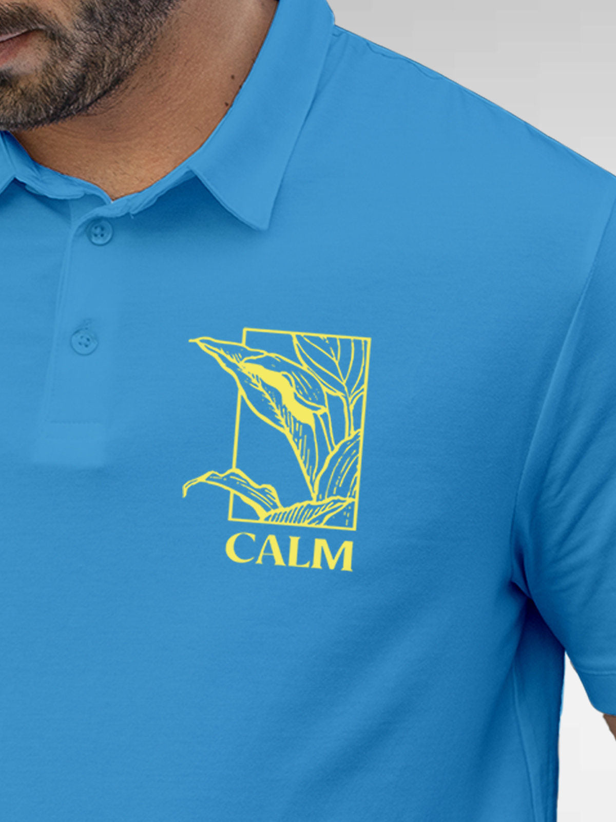Front view of Men's Blue Collar T-shirt, highlighting a goofy character symbolising 'Balance'.