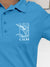 Close up of 'Calm' design on Women's Blue Polo T-shirt, highlighting intricate details and vibrant print.
