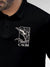 Close up of 'Calm' design on Men's Black Polo T-shirt, highlighting intricate details and vibrant print.