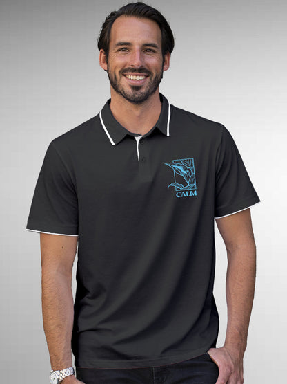 Model wearing Men's Dark Grey Polo T-shirt with 'Calm' design, offering effortless style and premium comfort
