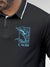 Close up of 'Calm' design on Men's Dark Grey Polo T-shirt, highlighting intricate details and vibrant print.