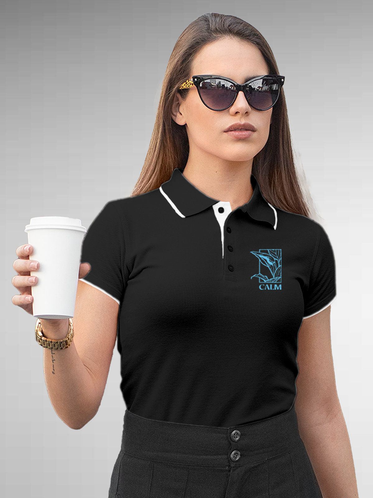 Model wearing Women's Dark Grey Collar T-shirt with the text 'Balance is a decision' printed at the back.