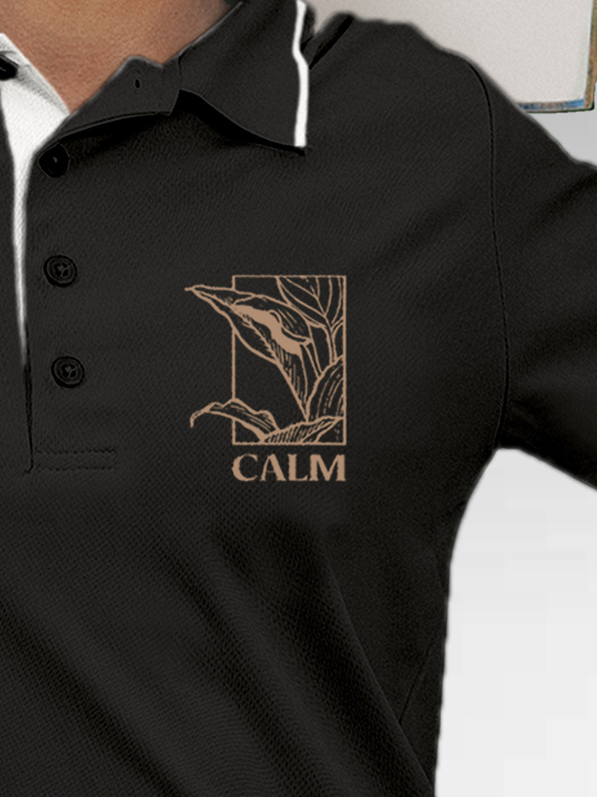 Front view of Women's Dark Grey Collar T-shirt, highlighting a goofy character symbolising 'Balance'.