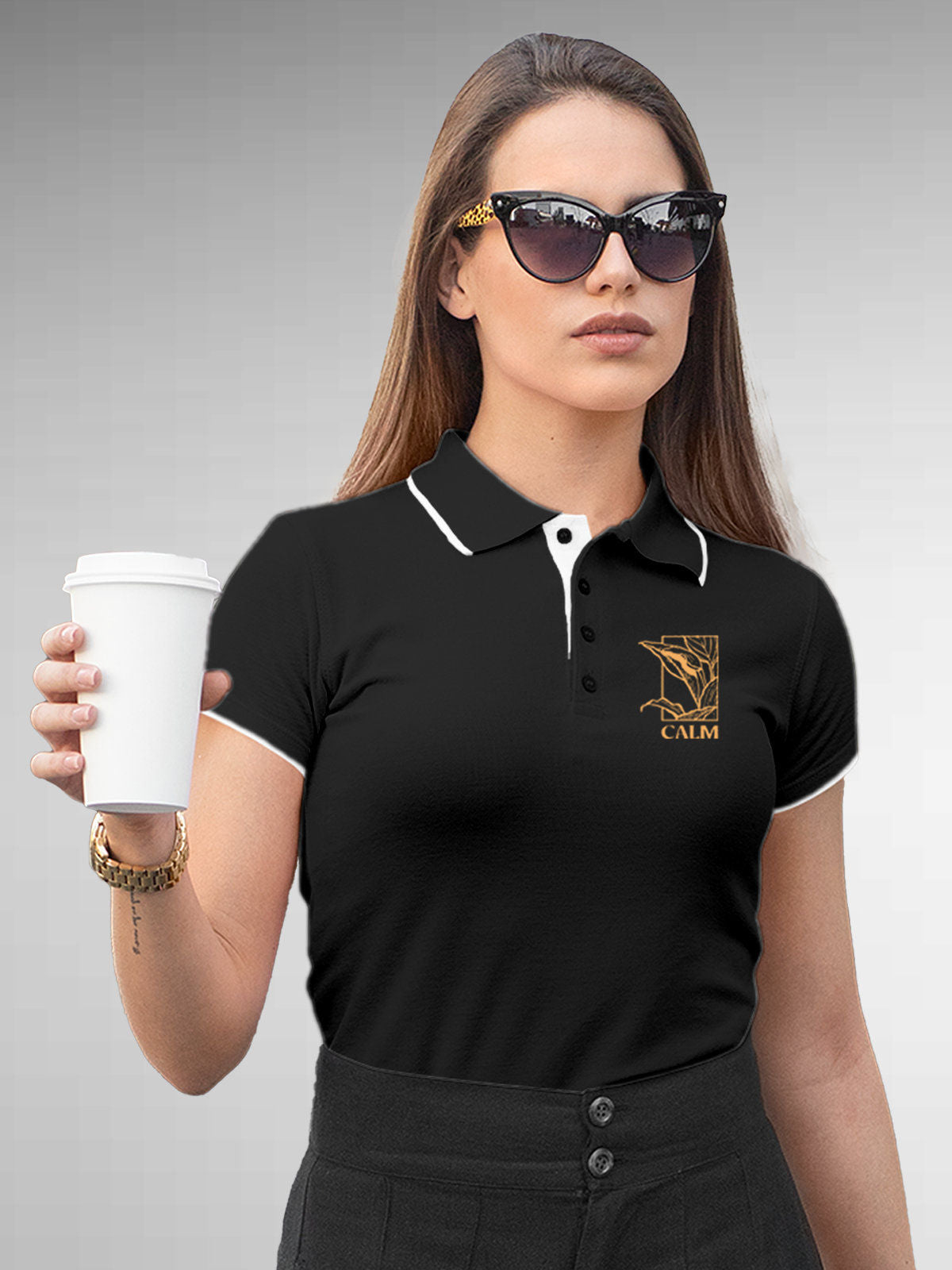 Model wearing Women's Dark Grey Collar T-shirt with the text 'Balance is a decision' printed at the back.
