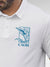 Close up of 'Calm' design on Men's White Polo T-shirt, highlighting intricate details and vibrant print.