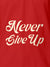 Close up of 'Never Give Up' design on Men's Red Polo T-shirt, highlighting intricate details and vibrant print.