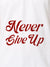 Close up of 'Never Give Up' design on Men's White Polo T-shirt, highlighting intricate details and vibrant print.