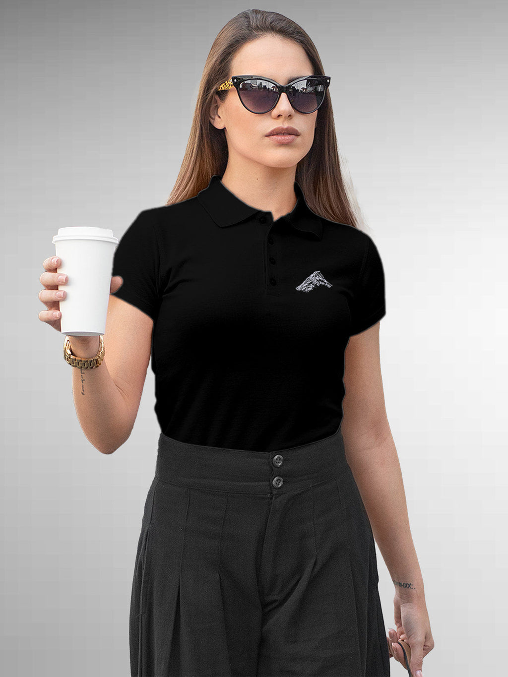 Front view of Fighterhero Women's Black Polo T-shirt, highlighting the modern look and clean finish