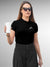 Front view of Fighterhero Women's Black Polo T-shirt, highlighting the modern look and clean finish