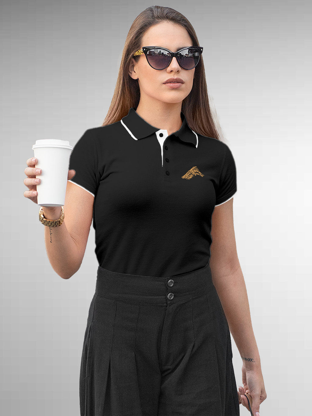 Front view of Fighterhero Women's Dark Grey Polo T-shirt, highlighting the modern look and clean finish