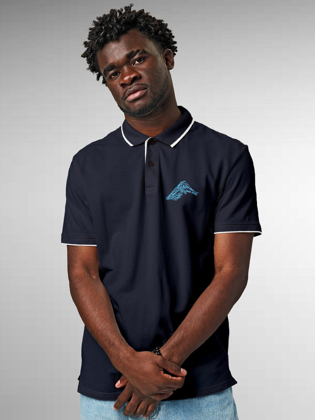 Front view of Fighterhero Men's Navy Blue Polo T-shirt, highlighting the modern look and clean finish