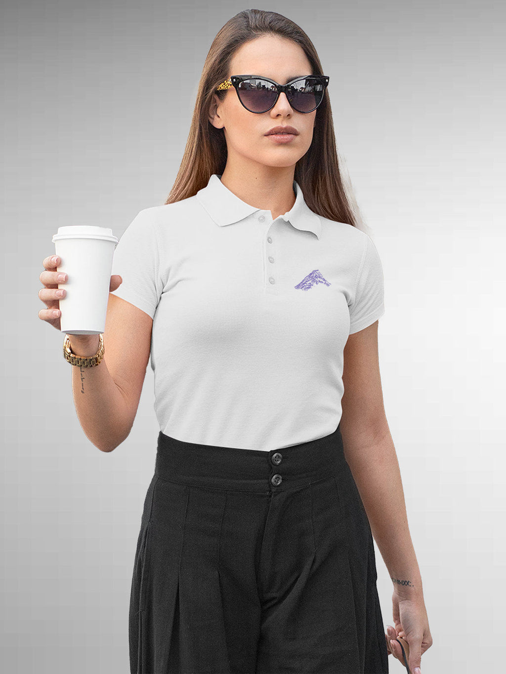 Front view of Fighterhero Women's White Polo T-shirt, highlighting the modern look and clean finish