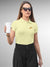 Front view of Fighterhero Women's Yellow Polo T-shirt, highlighting the modern look and clean finish