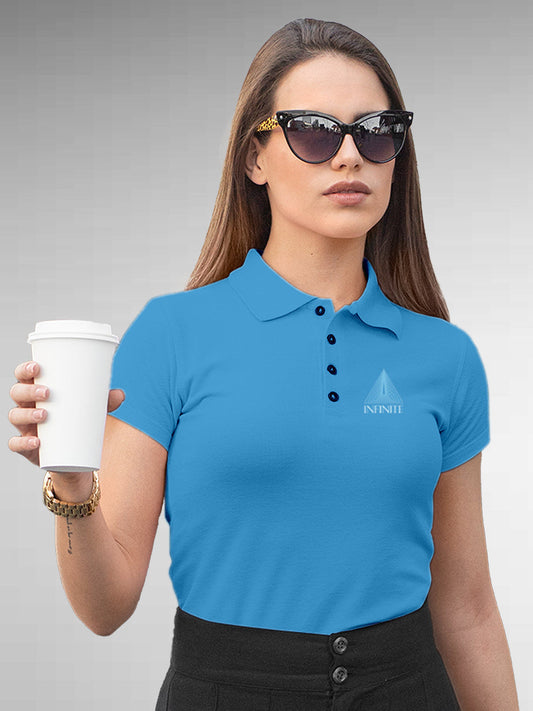 Model wearing Women's Blue Polo T-shirt with 'Go Infinite' design, offering effortless style and premium comfort