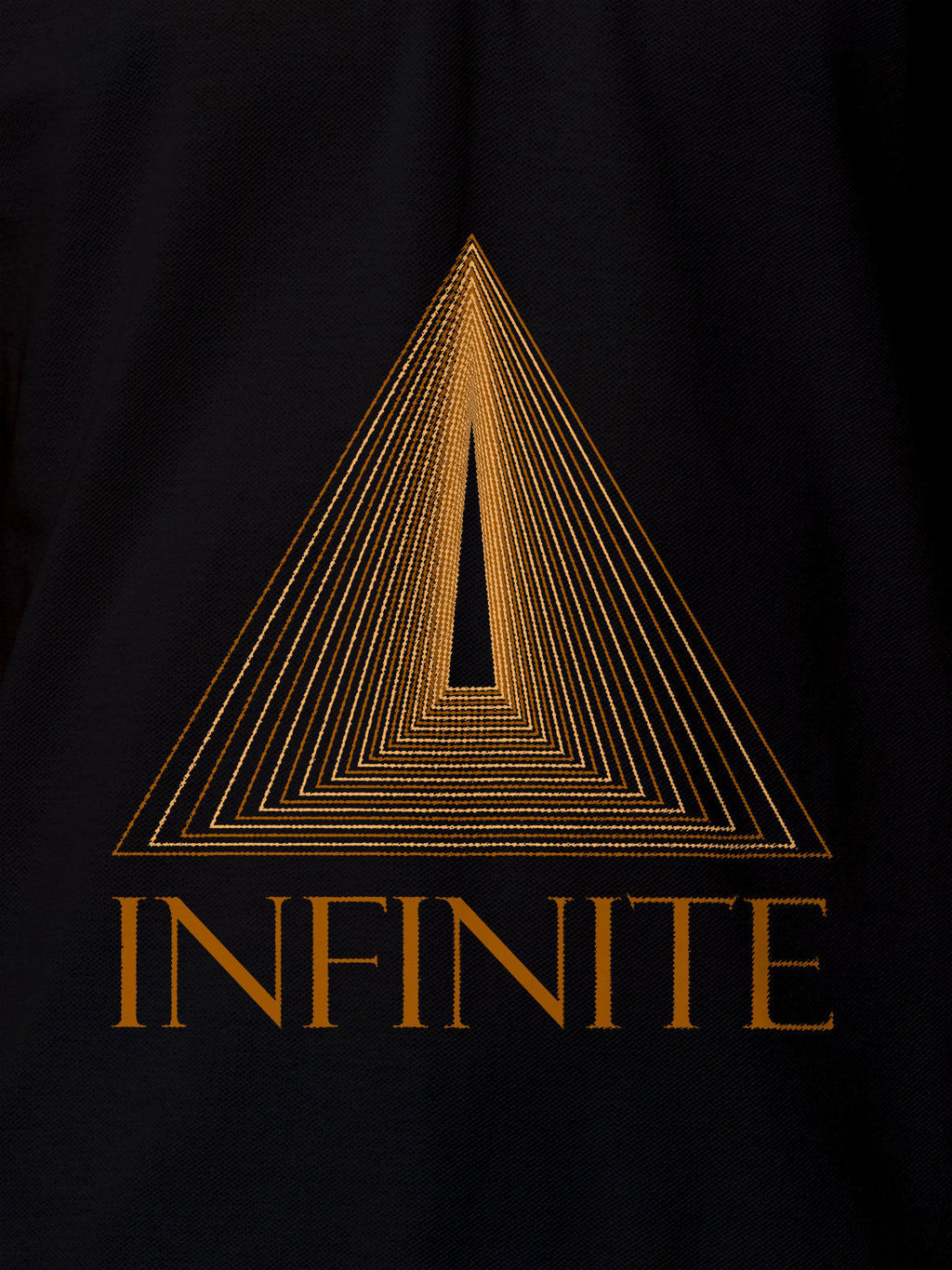 Close up of 'Go Infinite' design on Men's Black Polo T-shirt, highlighting intricate details and vibrant print.