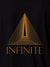 Close up of 'Go Infinite' design on Women's Black Polo T-shirt, highlighting intricate details and vibrant print.