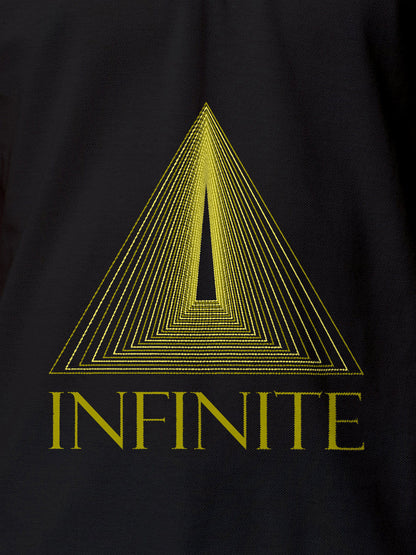 Close up of 'Go Infinite' design on Men's Dark Grey Polo T-shirt, highlighting intricate details and vibrant print.