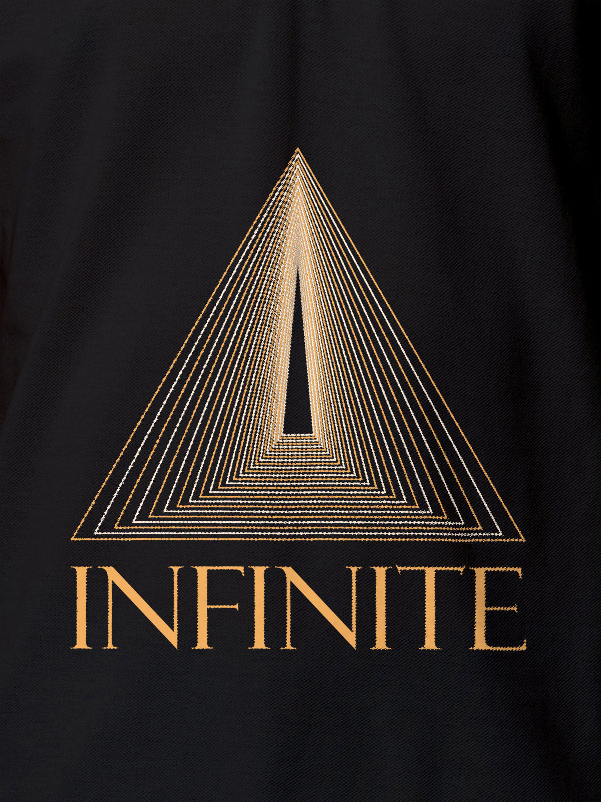 Close up of 'Go Infinite' design on Men's Dark Grey Polo T-shirt, highlighting intricate details and vibrant print.