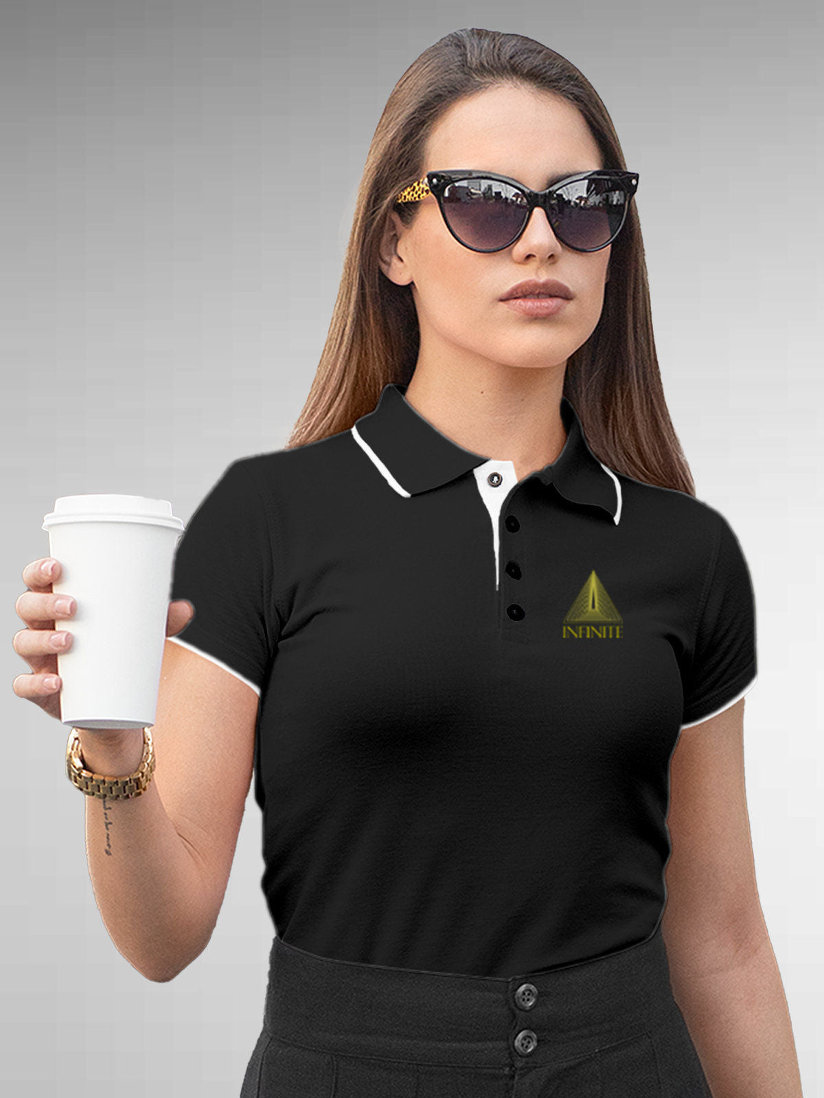 Model wearing Women's Dark Grey Polo T-shirt with 'Go Infinite' design, offering effortless style and premium comfort