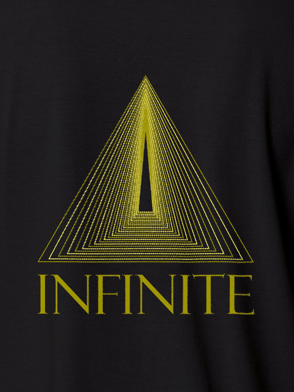 Close up of 'Go Infinite' design on Women's Dark Grey Polo T-shirt, highlighting intricate details and vibrant print.