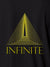 Close up of 'Go Infinite' design on Women's Dark Grey Polo T-shirt, highlighting intricate details and vibrant print.