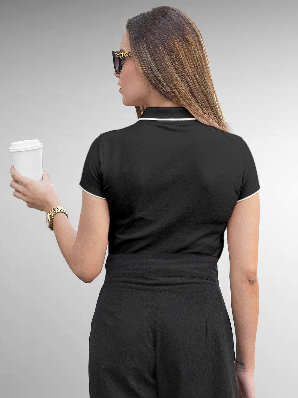 Back view of Fighterhero Women's Dark Grey Polo T-shirt, highlighting the modern look and clean finish