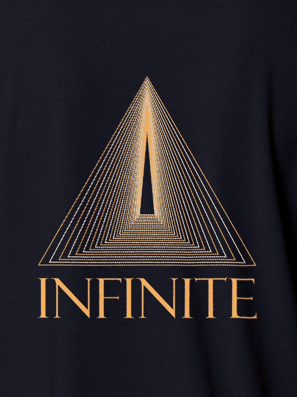 Close up of 'Go Infinite' design on Women's Navy Blue Polo T-shirt, highlighting intricate details and vibrant print.