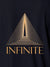 Close up of 'Go Infinite' design on Women's Navy Blue Polo T-shirt, highlighting intricate details and vibrant print.