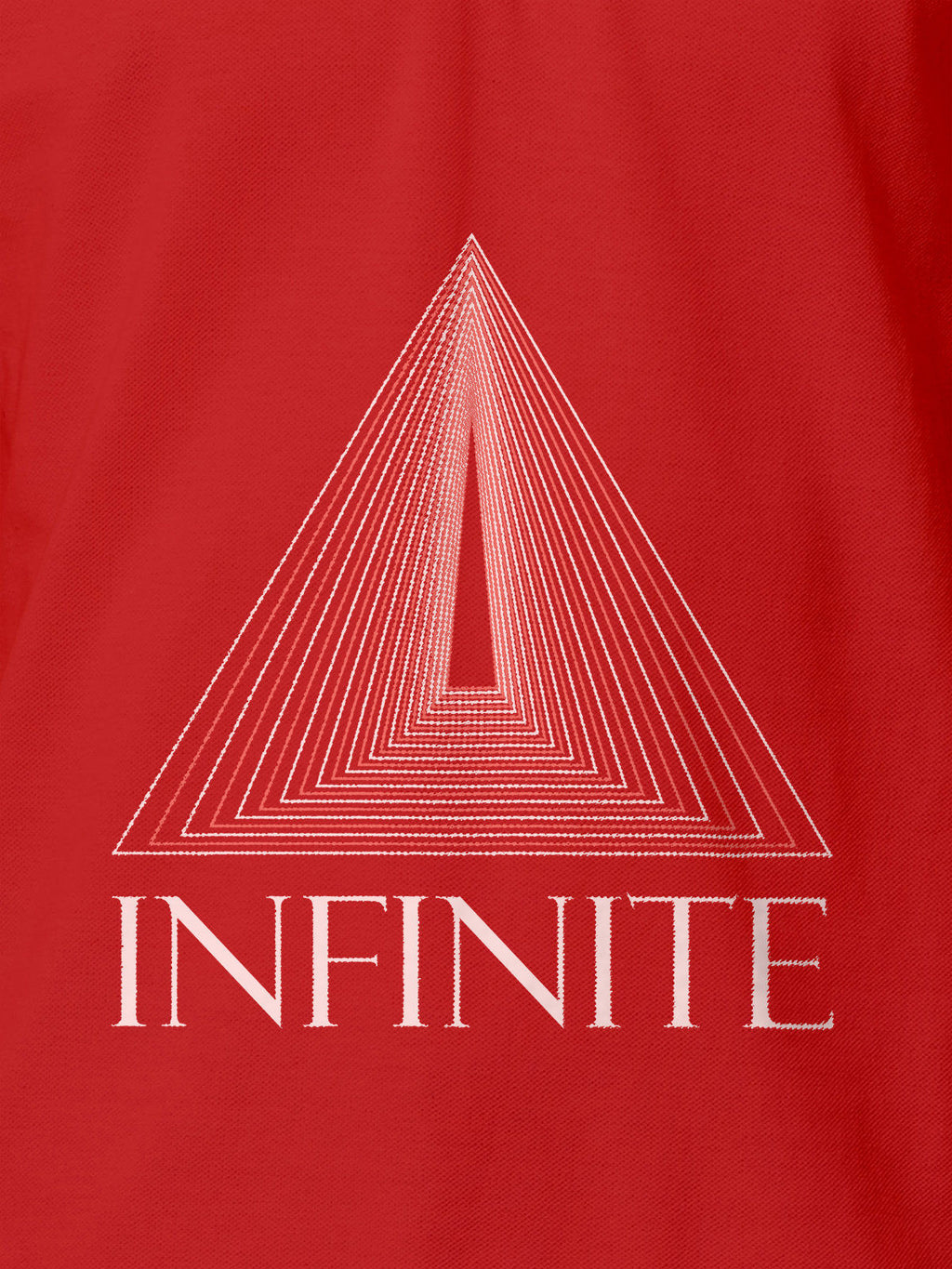 Close up of 'Go Infinite' design on Men's Red Polo T-shirt, highlighting intricate details and vibrant print.