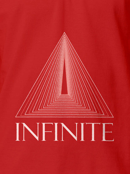 Close up of 'Go Infinite' design on Men's Red Polo T-shirt, highlighting intricate details and vibrant print.