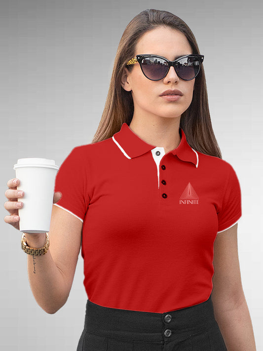 Model wearing Women's Red Polo T-shirt with 'Go Infinite' design, offering effortless style and premium comfort