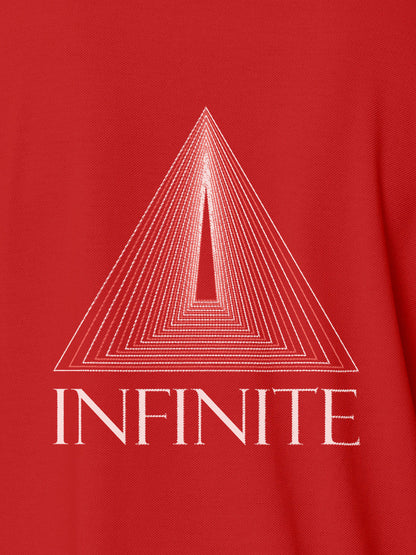 Close up of 'Go Infinite' design on Women's Red Polo T-shirt, highlighting intricate details and vibrant print.