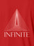 Close up of 'Go Infinite' design on Women's Red Polo T-shirt, highlighting intricate details and vibrant print.