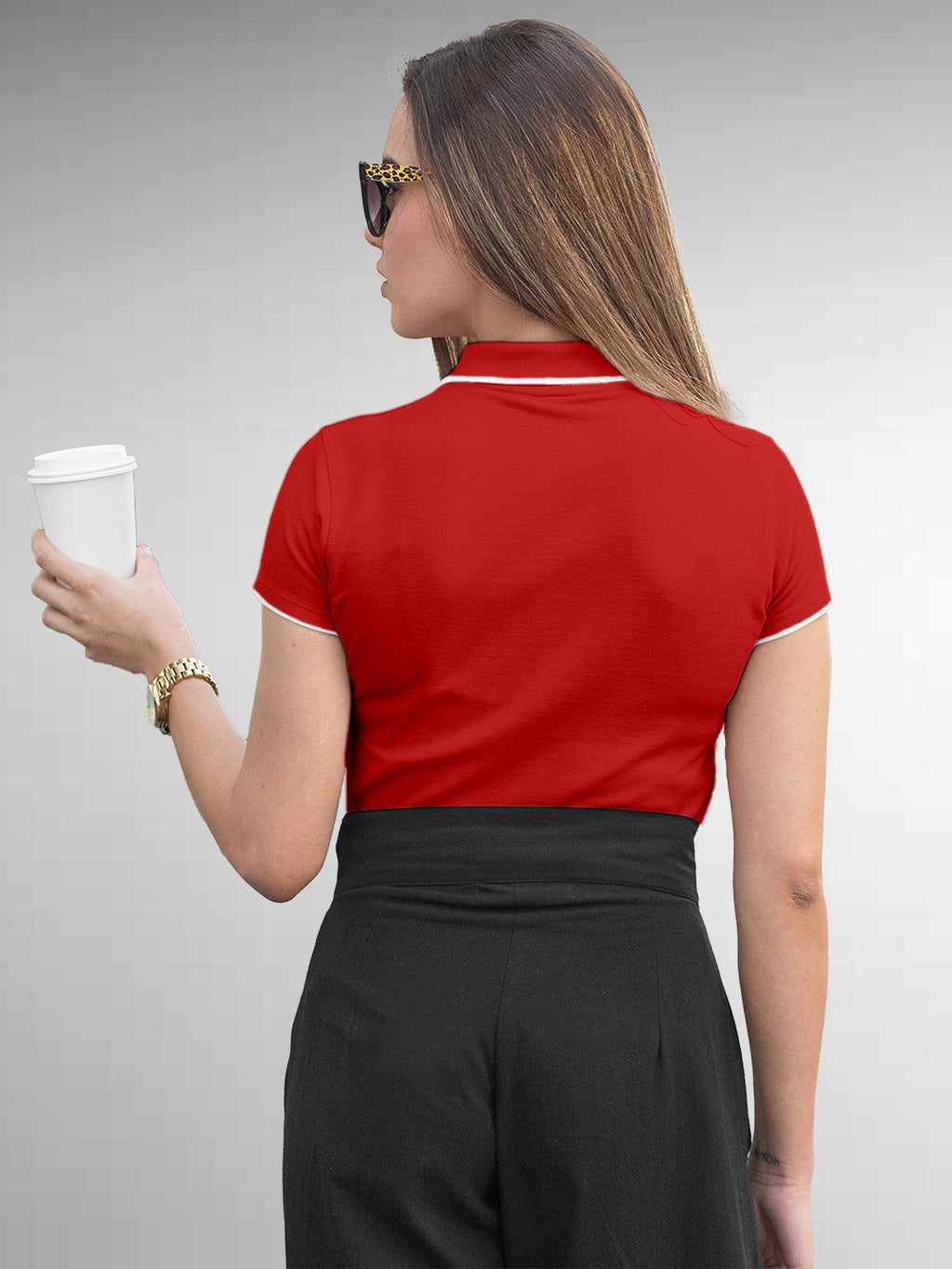 Back view of Fighterhero Women's Red Polo T-shirt, highlighting the modern look and clean finish