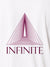 Close up of 'Go Infinite' design on Women's White Polo T-shirt, highlighting intricate details and vibrant print.