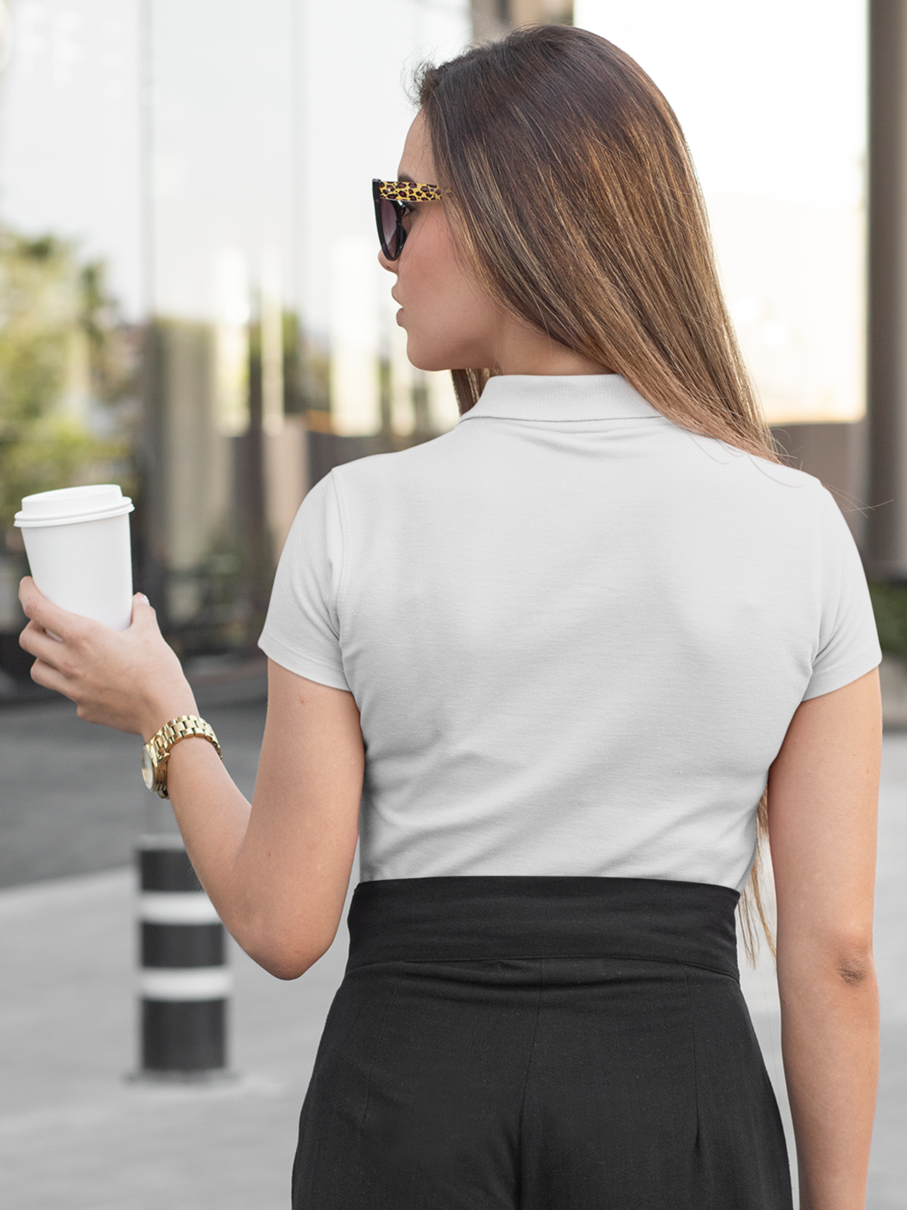 Back view of Fighterhero Women's White Polo T-shirt, highlighting the modern look and clean finish