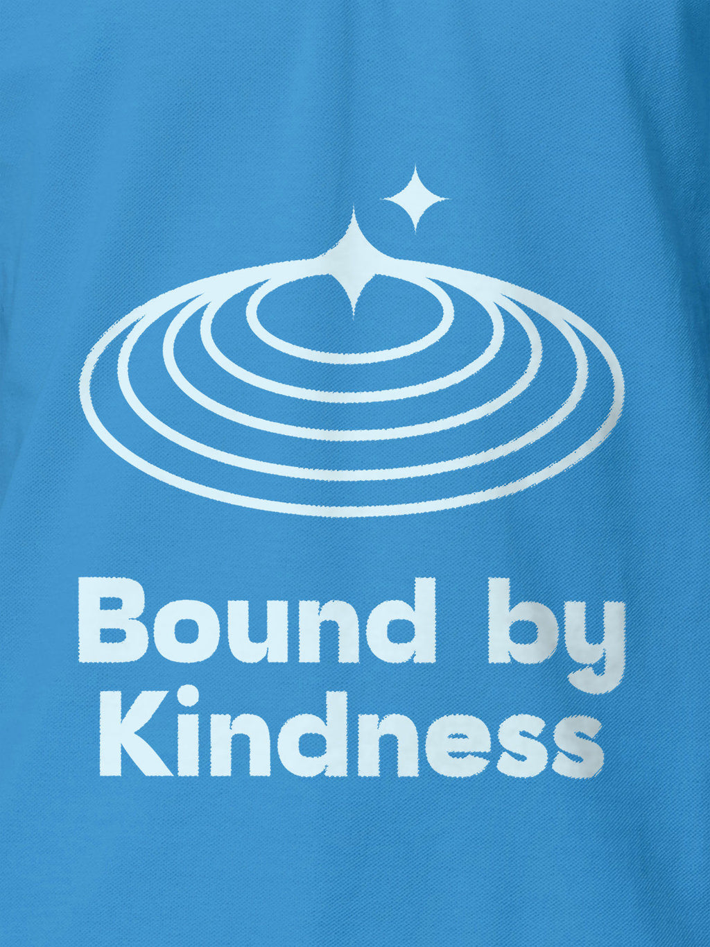 Close up of 'Bound By Kindness' design on Men's Blue Polo T-shirt, highlighting intricate details and vibrant print.