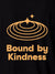 Close up of 'Bound By Kindness' design on Women's Black Polo T-shirt, highlighting intricate details and vibrant print.