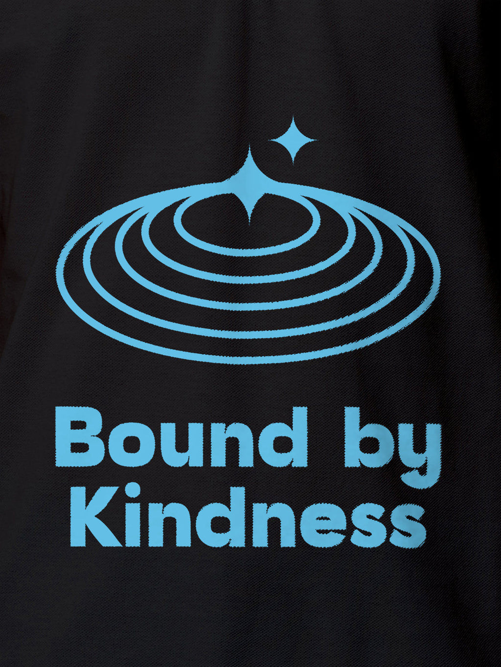 Close up of 'Bound By Kindness' design on Men's Dark Grey Polo T-shirt, highlighting intricate details and vibrant print.