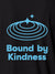 Close up of 'Bound By Kindness' design on Women's Dark Grey Polo T-shirt, highlighting intricate details and vibrant print.
